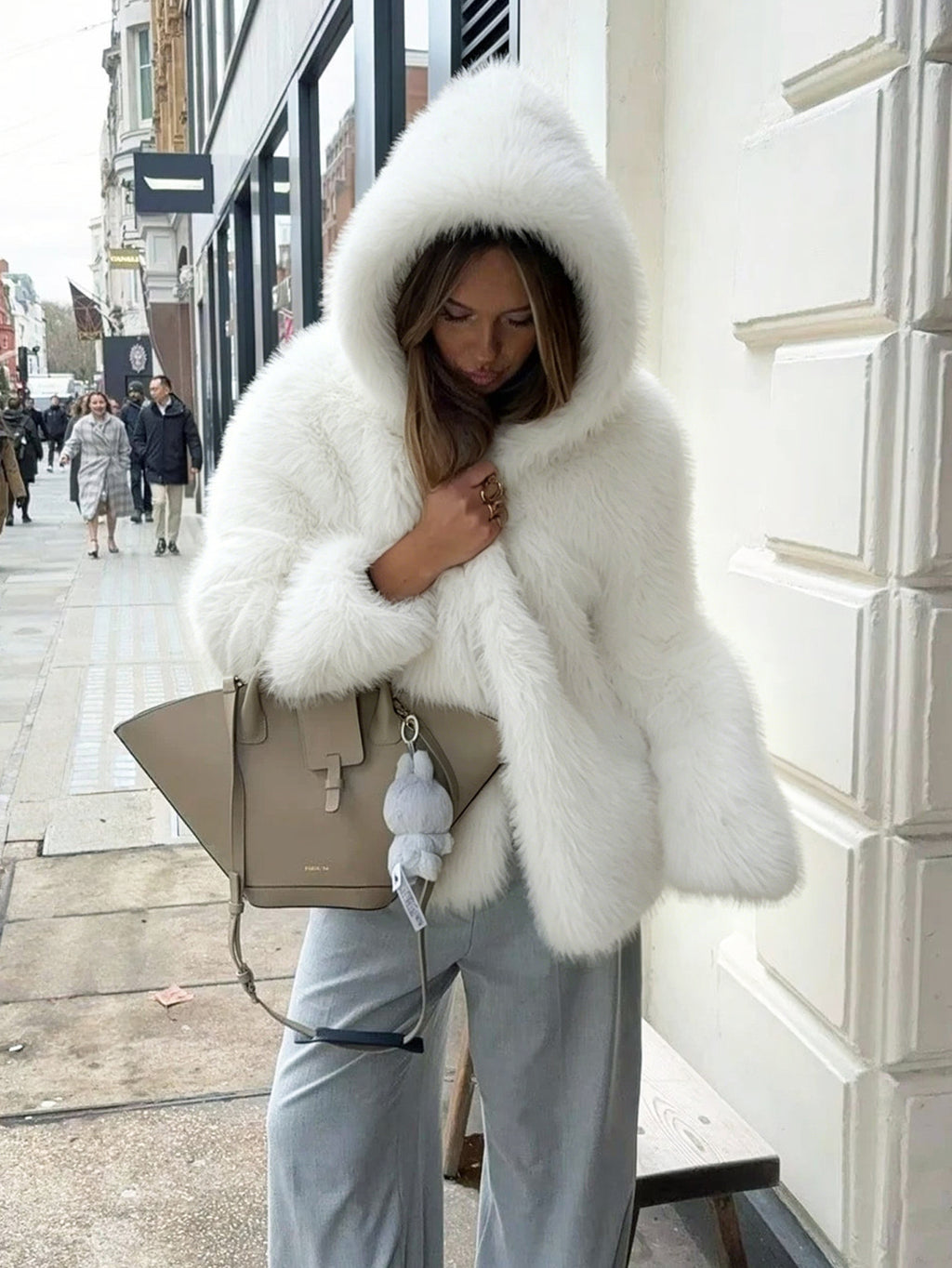 Women's Hooded Faux Fur Short Jacket with Dense Long Pile and Oversize Silhouette Fashion Glam