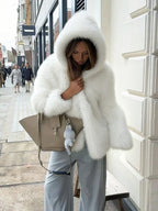 Women's Hooded Faux Fur Short Jacket with Dense Long Pile and Oversize Silhouette Fashion Glam