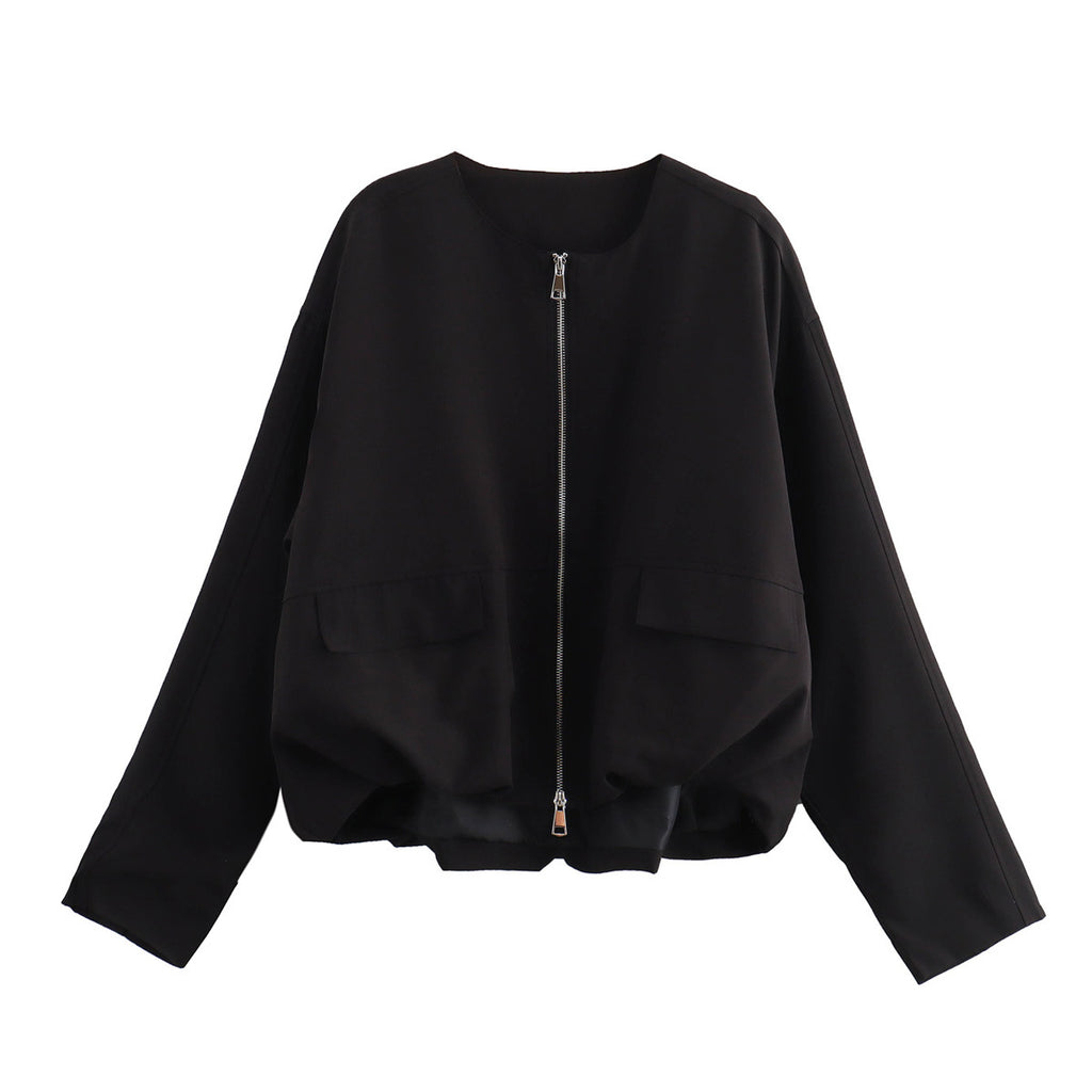 Women Lightweight Cropped Bomber Jacket with Round Neck, Two-Way Zipper and Flap Pockets Fashion Glam