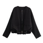 Women Lightweight Cropped Bomber Jacket with Round Neck, Two-Way Zipper and Flap Pockets Fashion Glam