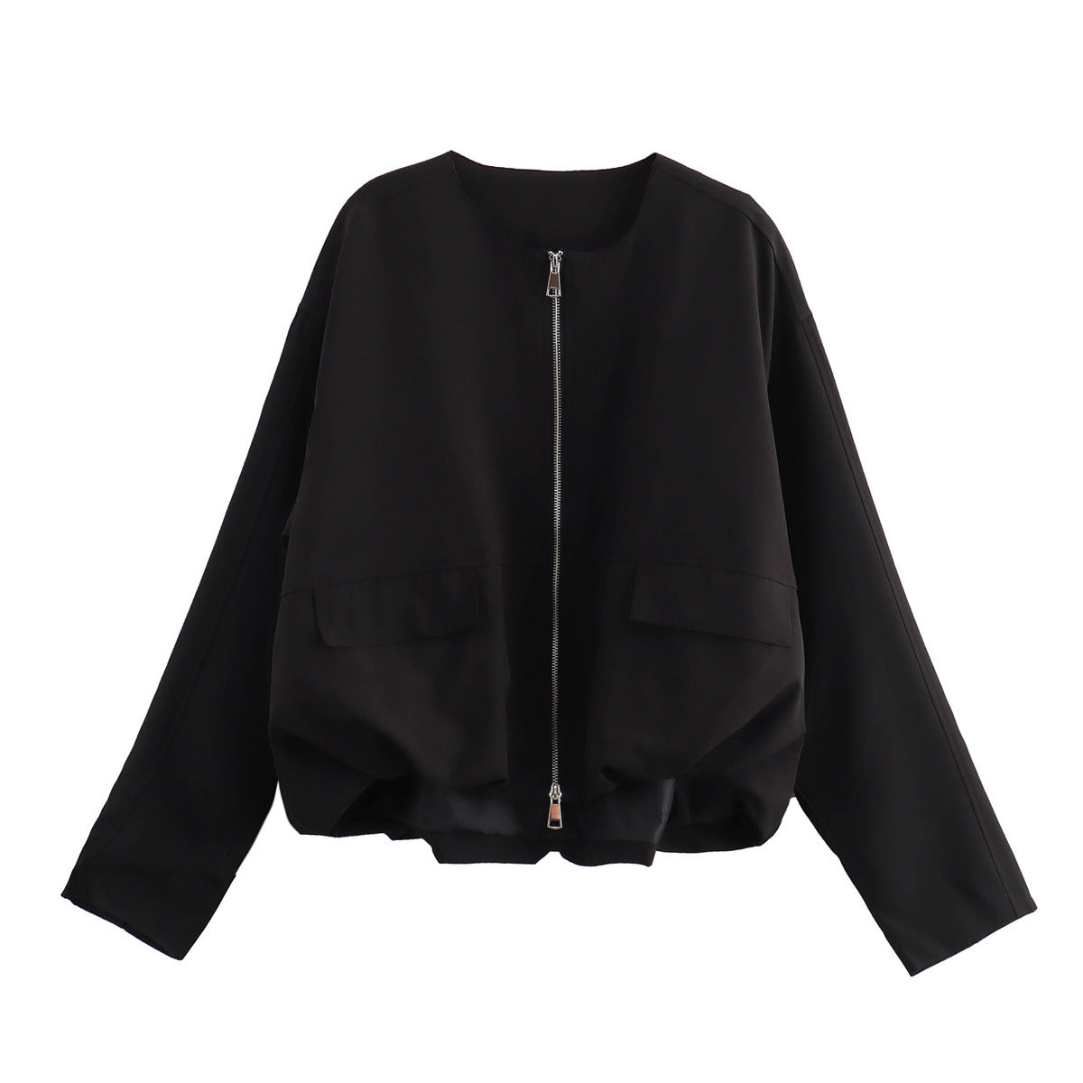 Women Lightweight Cropped Bomber Jacket with Round Neck, Two-Way Zipper and Flap Pockets Fashion Glam