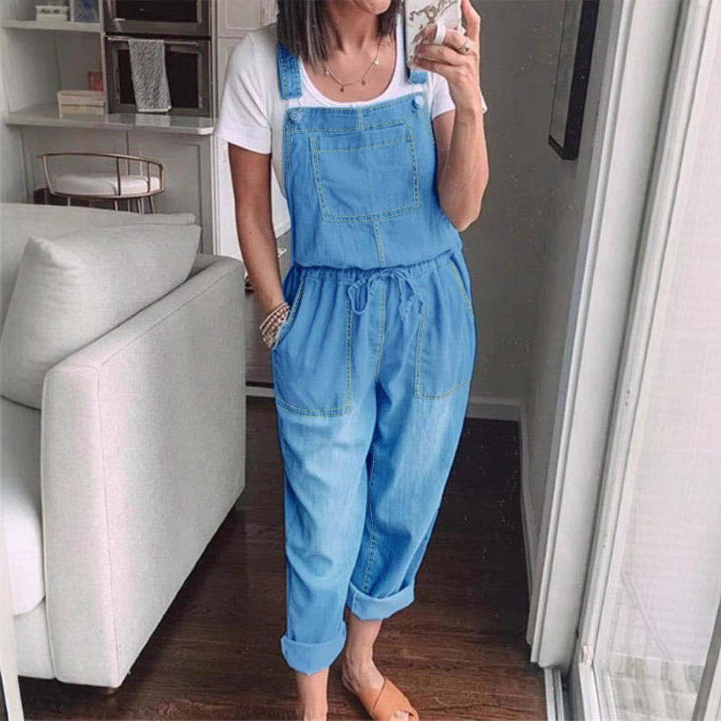 Women's overall jumpsuit made of lightweight denim with a drawstring waistband, patch pockets, and turned-up hem Fashion Glam