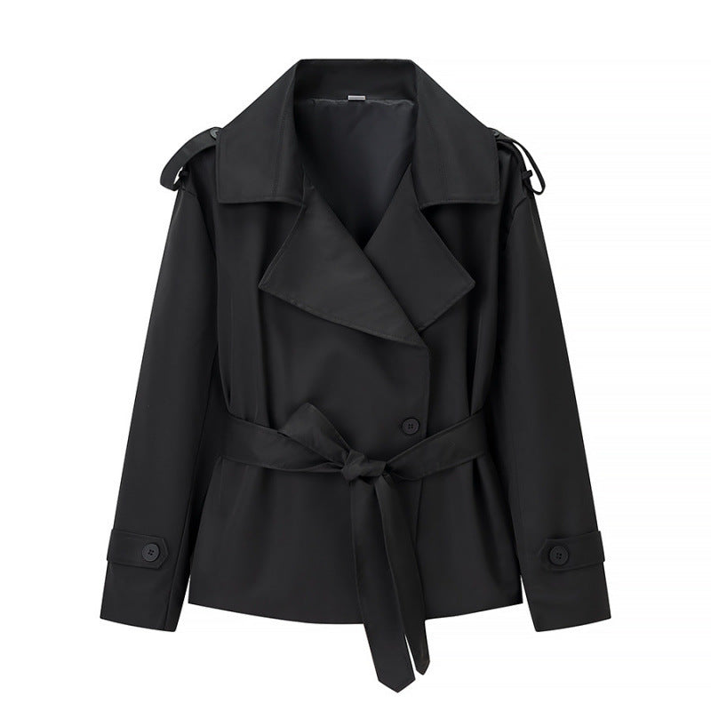 Women's short trench coat with double-breasted button placket, waist belt, and shoulder straps Fashion Glam