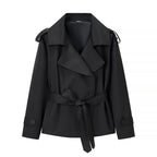 Women's short trench coat with double-breasted button placket, waist belt, and shoulder straps Fashion Glam