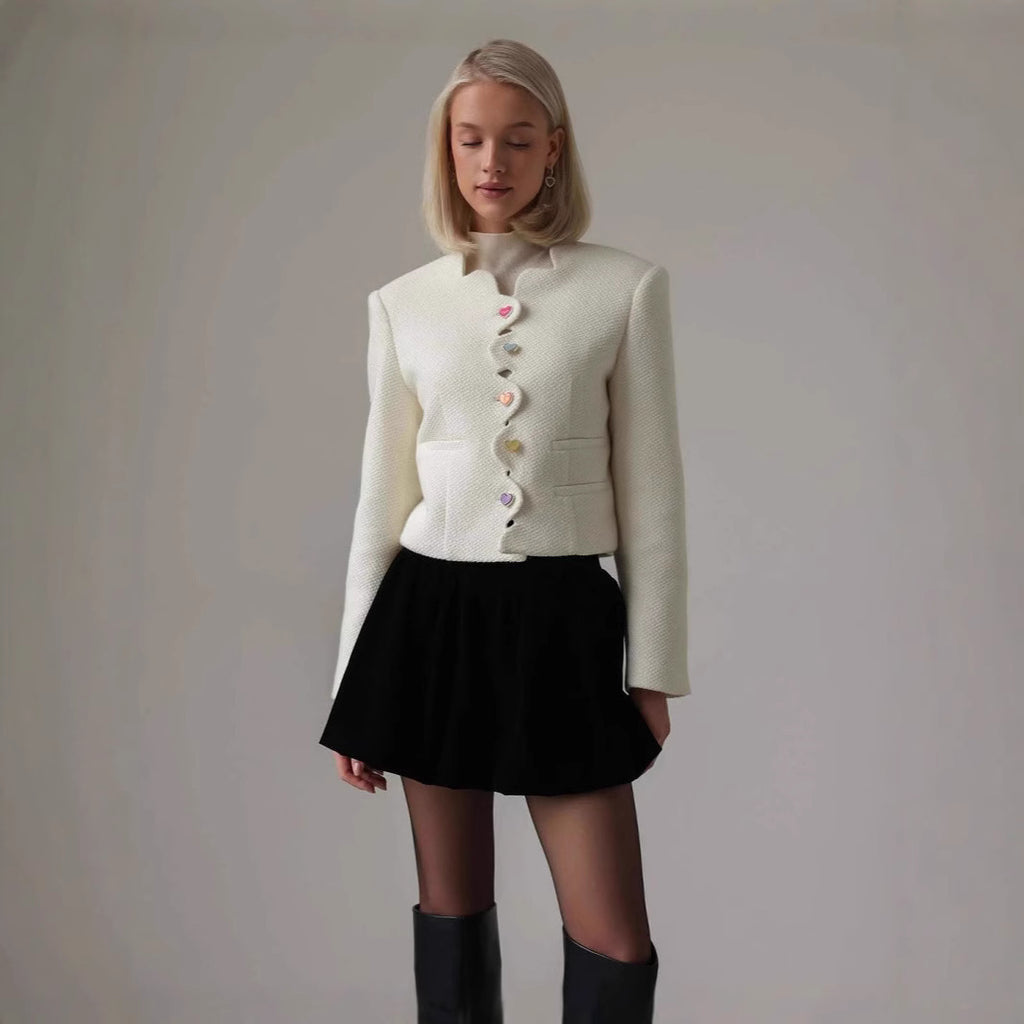 Women Short Cut Boucle Jacket with Curved Button Placket and Decorative Heart Buttons Fashion Glam