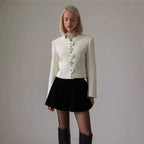 Women Short Cut Boucle Jacket with Curved Button Placket and Decorative Heart Buttons Fashion Glam