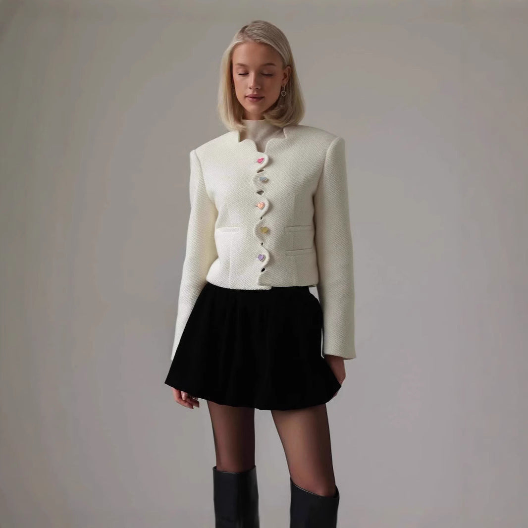 Women Short Cut Boucle Jacket with Curved Button Placket and Decorative Heart Buttons Fashion Glam