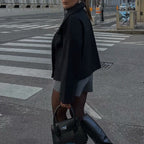 Women Oversize Short Coat in Boxy Peacoat Style with Wide Lapels and Double Breasted Fashion Glam