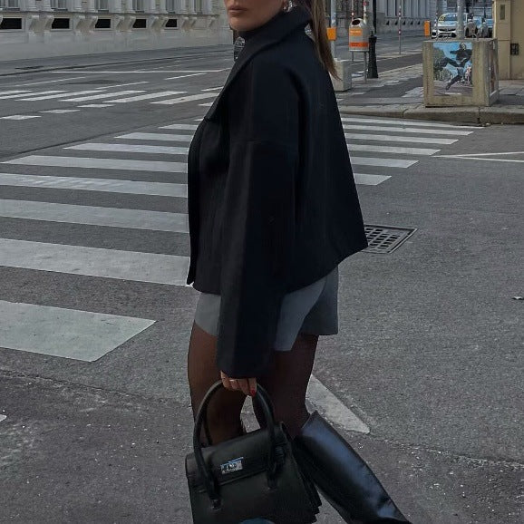 Women Oversize Short Coat in Boxy Peacoat Style with Wide Lapels and Double Breasted Fashion Glam