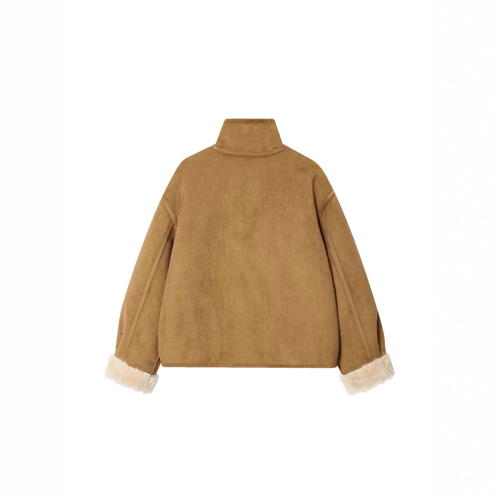 Women's short jacket in lambskin look with stand-up collar, patch pockets, and button placket Fashion Glam