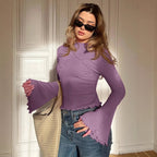Ladies Fitted Ribbed Long Sleeve Shirt with Stand-up Collar and Ruffled Hem Fashion Glam