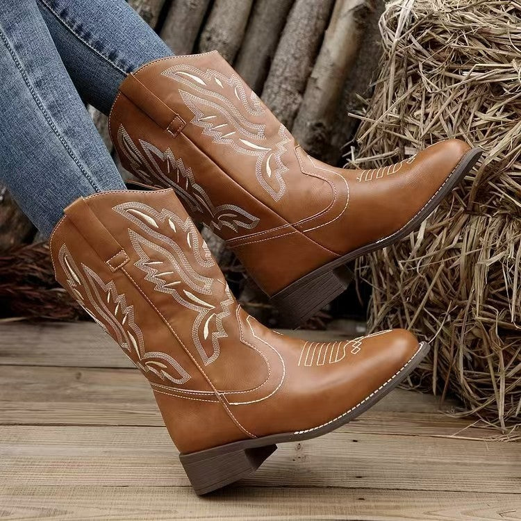 Ladies' Western cowboy boots with pointed toe, embroidered shaft, and medium block heel Fashion Glam