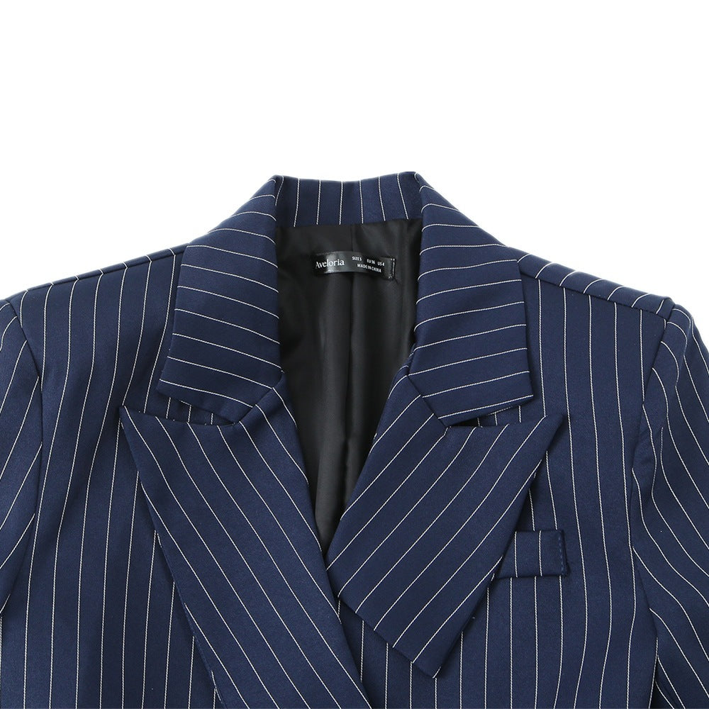 Women Tailored Pinstripe Blazer with Asymmetrical Lapels and Patch Pockets Fashion Glam