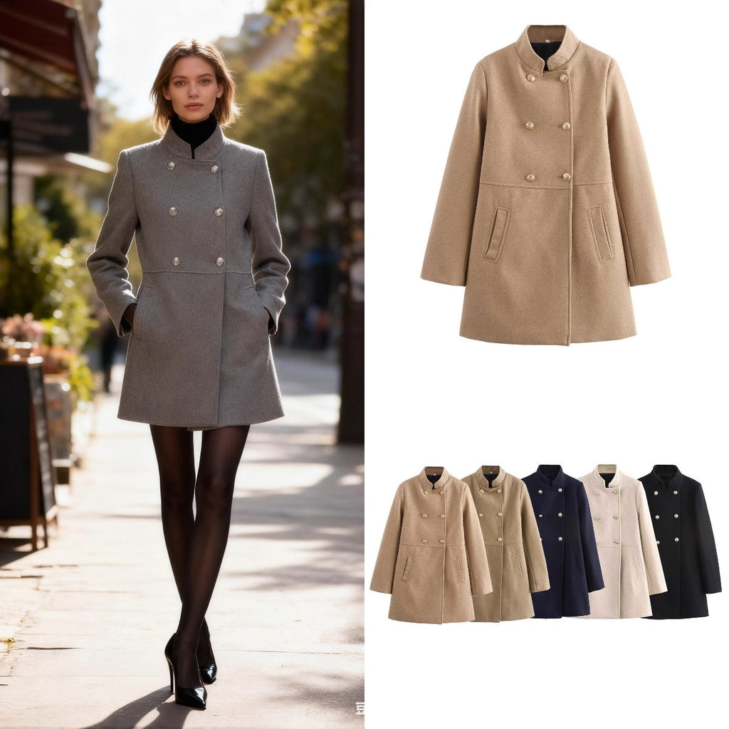 Women's Double-Breasted Wool Blend Coat with Stand Collar and Decorative Buttons Fashion Glam