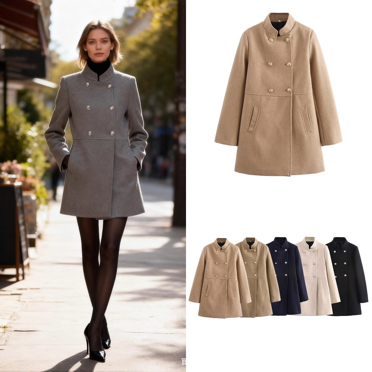 Women's Double-Breasted Wool Blend Coat with Stand Collar and Decorative Buttons Fashion Glam