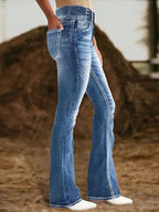 Ladies high-waisted flared jeans with side decorative seam and sculpting stretch waistband Fashion Glam