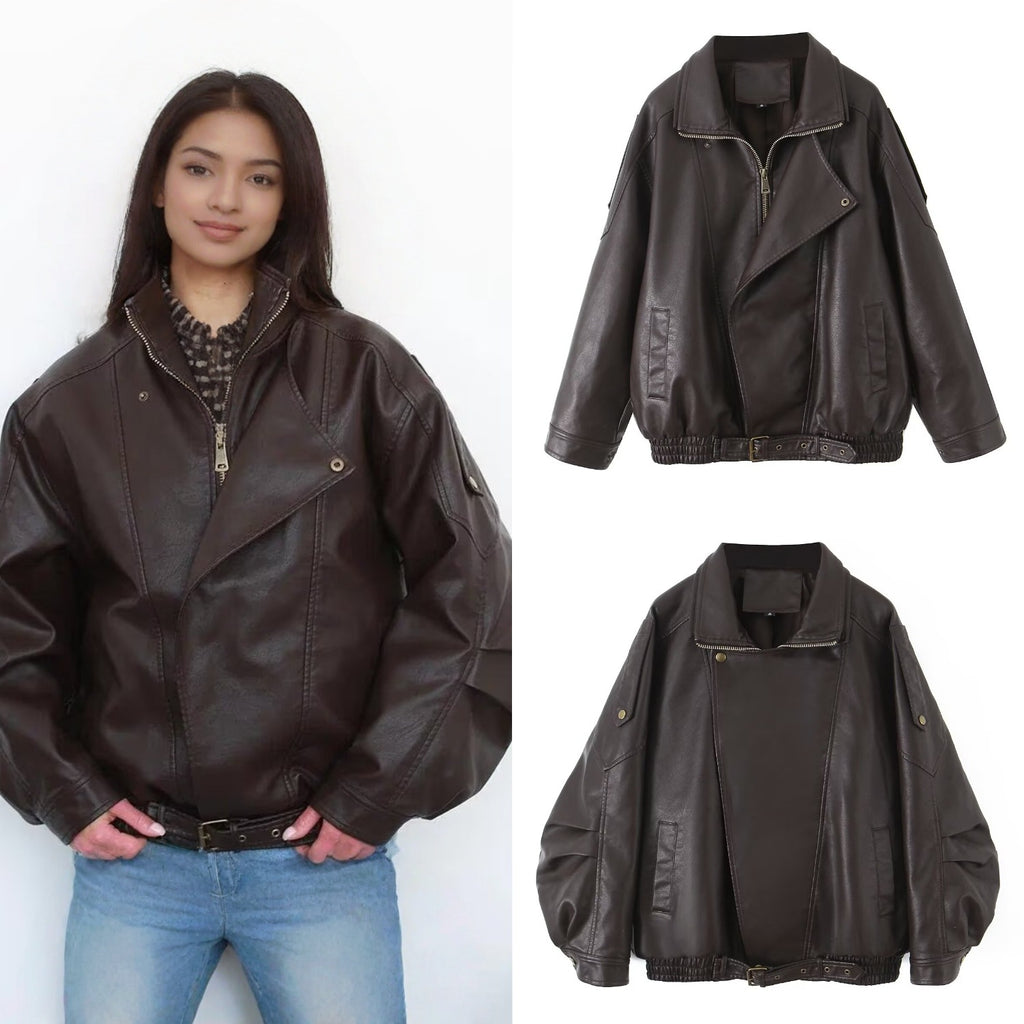Women's Oversized Faux Leather Bomber Jacket with Asymmetrical Zipper and Waistband Fashion Glam