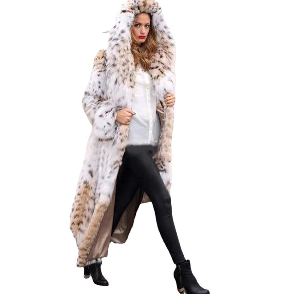 Women's Longer Faux Fur Coat with Hood and Lynx Look Fashion Glam