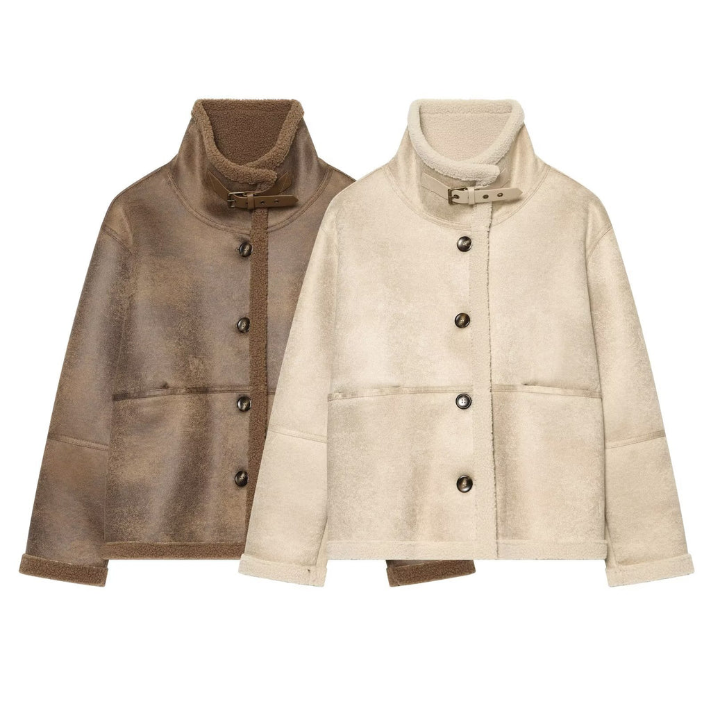 Ladies short jacket in lambskin look with stand-up collar, button and buckle closure Fashion Glam