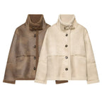 Ladies short jacket in lambskin look with stand-up collar, button and buckle closure Fashion Glam