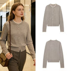 Women Fine Knit Cardigan with Round Neckline, Button Placket and Lace Trim Fashion Glam