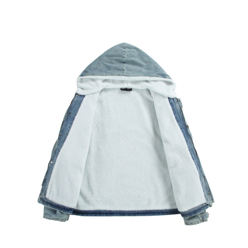 Unisex Hooded Denim Parka in Used Look with Teddy Fleece Lining and Flap Pockets Fashion Glam