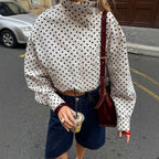 Women Short Cut Oversized Polka Dot Jacket with Stand Collar and Zipper Fashion Glam