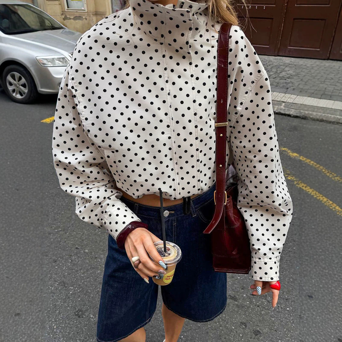 Women Short Cut Oversized Polka Dot Jacket with Stand Collar and Zipper Fashion Glam
