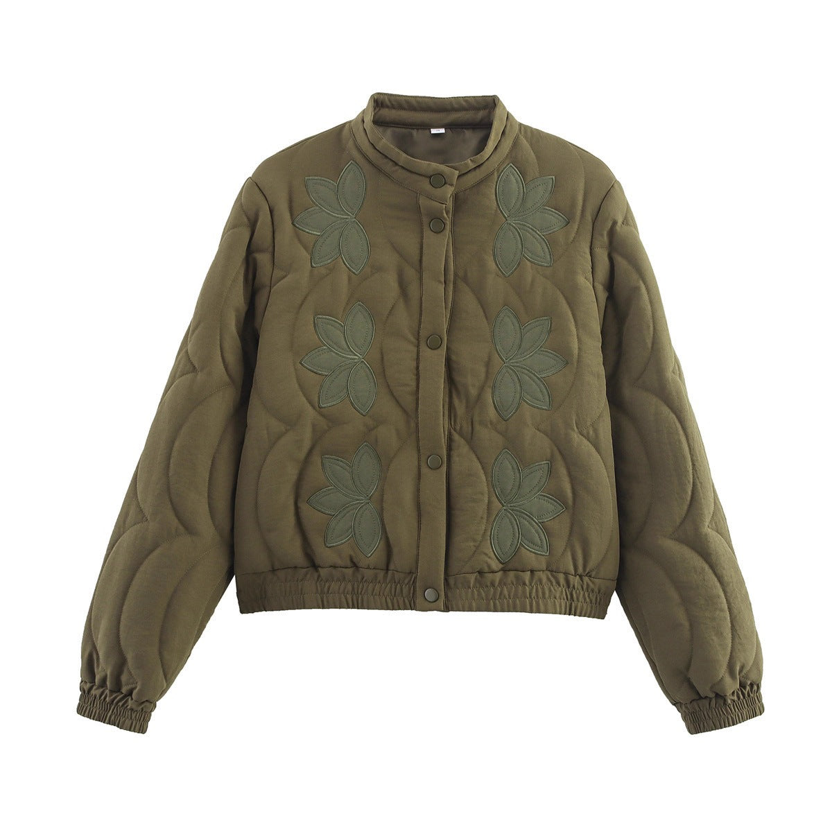 Women's Short Cut Quilted Jacket with Flower Applique and Stand-Up Collar Fashion Glam