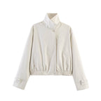 Women's short cut boxy blouse jacket with high stand-up collar, snap button placket, and elastic hem Fashion Glam