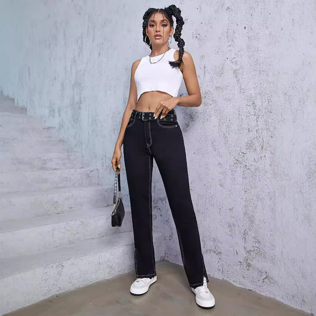 Women High-Waist Straight Jeans with Side Ankle Slit and Contrast Stitch Fashion Glam