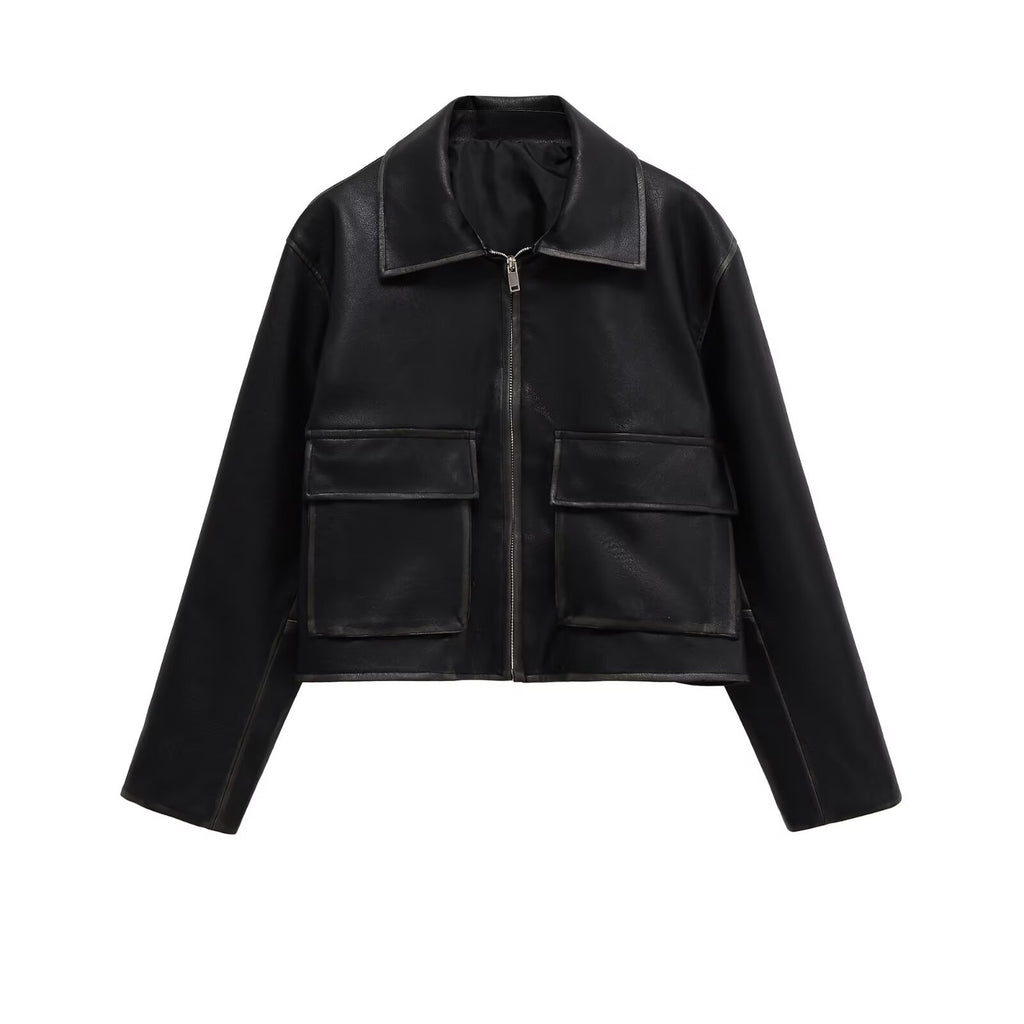 Women's Short Boxy Leather Look Jacket with Zip and Large Flap Pockets Fashion Glam