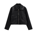 Women's Short Boxy Leather Look Jacket with Zip and Large Flap Pockets Fashion Glam
