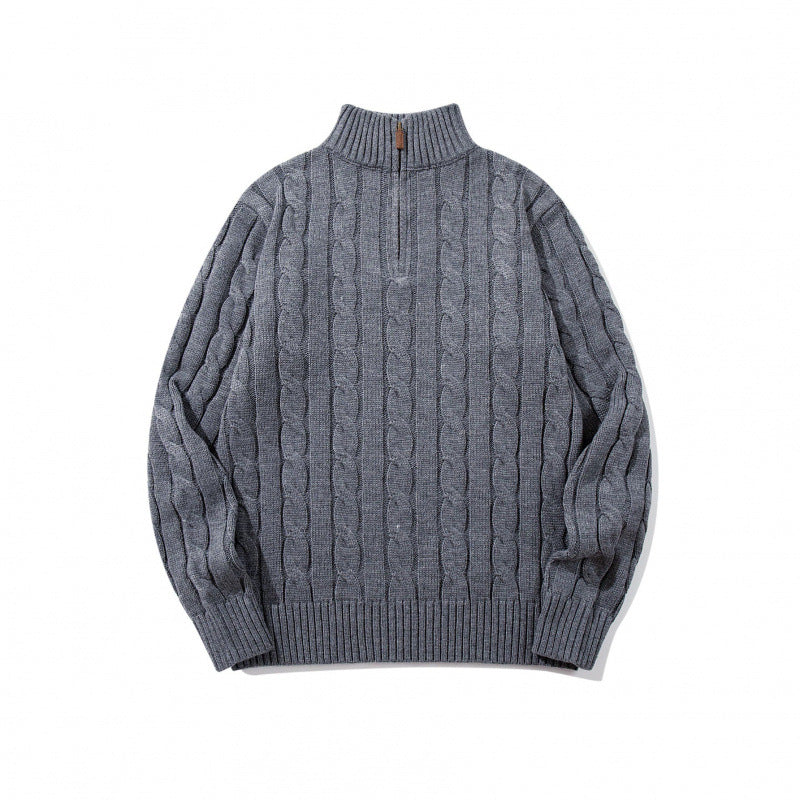 Unisex Coarse Knitted Half-Zip Cable Pattern Sweater with Stand-Up Collar and Ribbed Edges Fashion Glam
