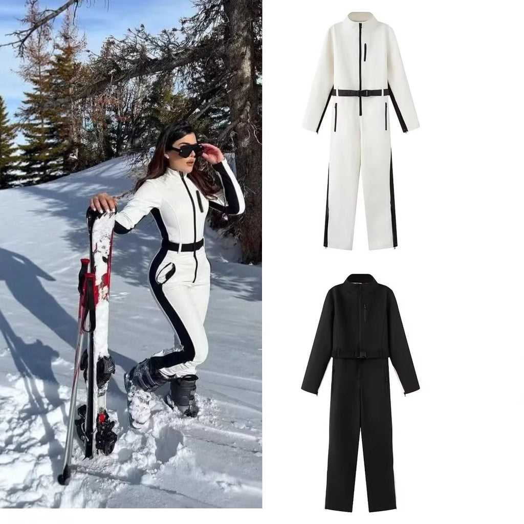 Women's Utility Overall with Waist Belt, Zippers and Stand-Up Collar Fashion Glam