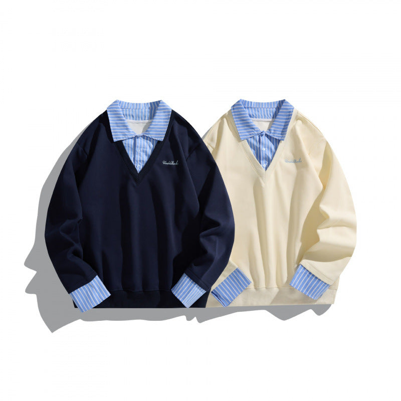 Unisex Layered Look Sweatshirt with V-Neck, integrated Shirt Collar and Striped Cuffs Fashion Glam