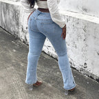 Women High-Waist Stretch Jeans with light flare and side snap button details Fashion Glam