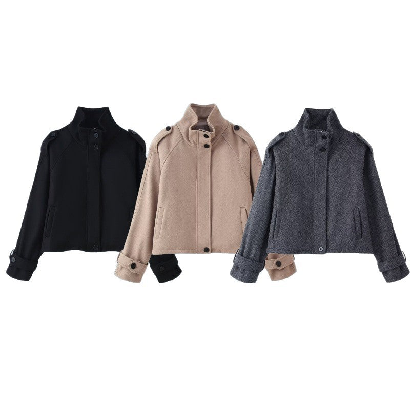 Women Short Wool Blend Jacket with Stand-Up Collar, Shoulder Flaps and Adjustable Cuffs Fashion Glam