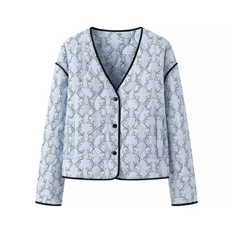 Women's lightweight quilted blouse jacket with V-neck, contrast piping and floral line print Fashion Glam