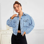 Women Cropped Boxy Denim Jacket with Patch Chest Pockets and Short Hem Fashion Glam