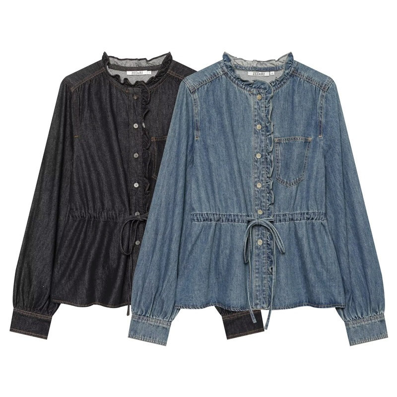 Women's tailored blouse jacket in denim look with ruffle collar and drawstring Fashion Glam