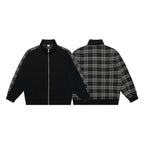 Unisex Short Cut Zip Jacket in Boxy Style with Check Arm Tape and Stand-Up Collar Fashion Glam