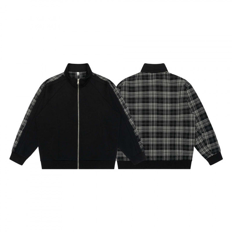 Unisex Short Cut Zip Jacket in Boxy Style with Check Arm Tape and Stand-Up Collar Fashion Glam