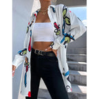 Women's Oversized Long Blouse with Pop Art Print, Shirt Collar and Continuous Button Placket Fashion Glam