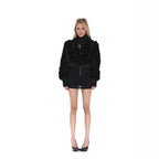 Women's Short Faux Fur Bomber Jacket with Boxy Silhouette and Zipper Detail Fashion Glam