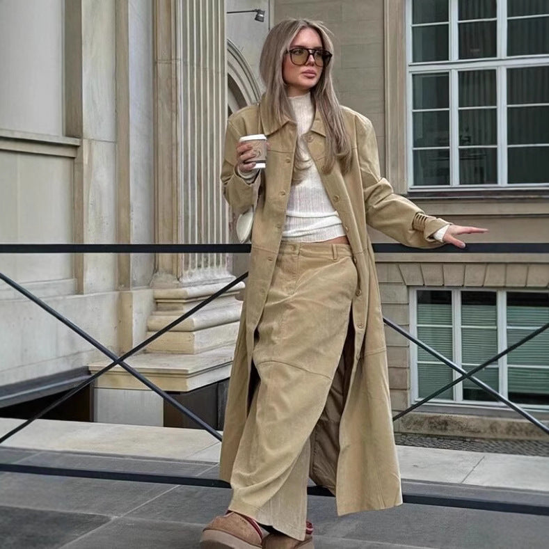 Women Long Faux Leather Coat with Full Button Placket and Panel Seams Fashion Glam