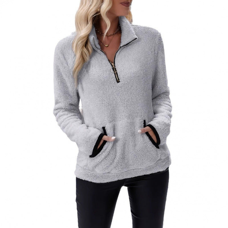 Women's fluffy fleece cuddle pullover with half zipper, kangaroo pocket and stand-up collar Fashion Glam