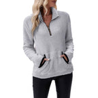 Women's fluffy fleece cuddle pullover with half zipper, kangaroo pocket and stand-up collar Fashion Glam