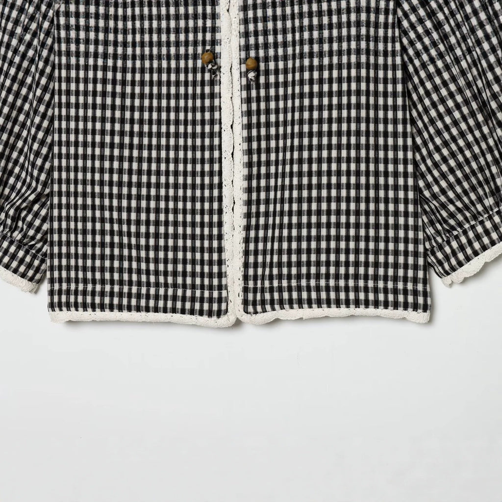 Ladies Vichy Check Blouse with Lace Trim, Tie Band and Three-Quarter Balloon Sleeves Fashion Glam