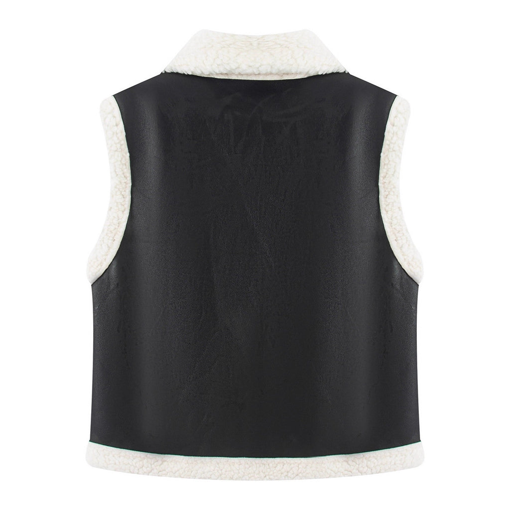 Women's Sleeveless Lambskin Look Vest with Notched Collar and Patch Pockets Fashion Glam